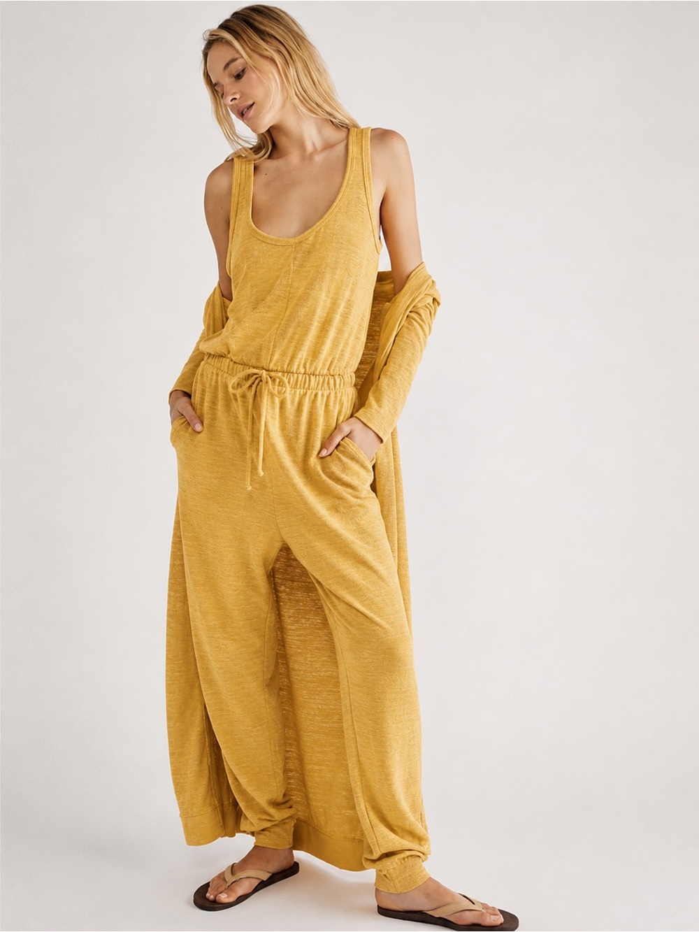 FP Beach Free People Mustard Yellow Jumpsuit & Long Cardigan Set XS